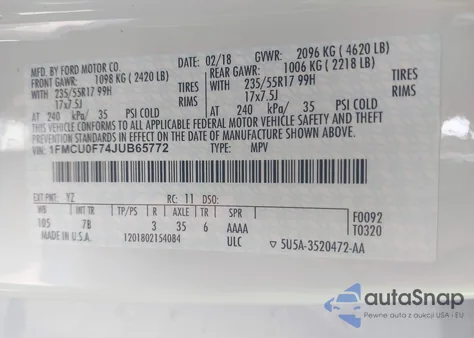 2018 Ford Escape S from USA, damaged, VIN 1FMCU0F74JUB65772